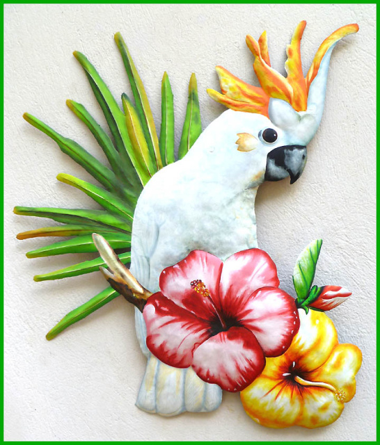 Cockatoo Parrot Wall Hanging - Hand Painted Metal Garden Art - 24"